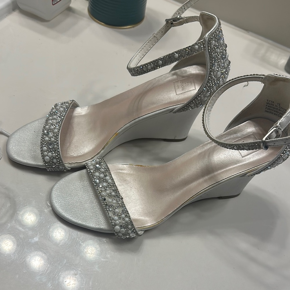 David's Bridal Silver Embellished Wedges